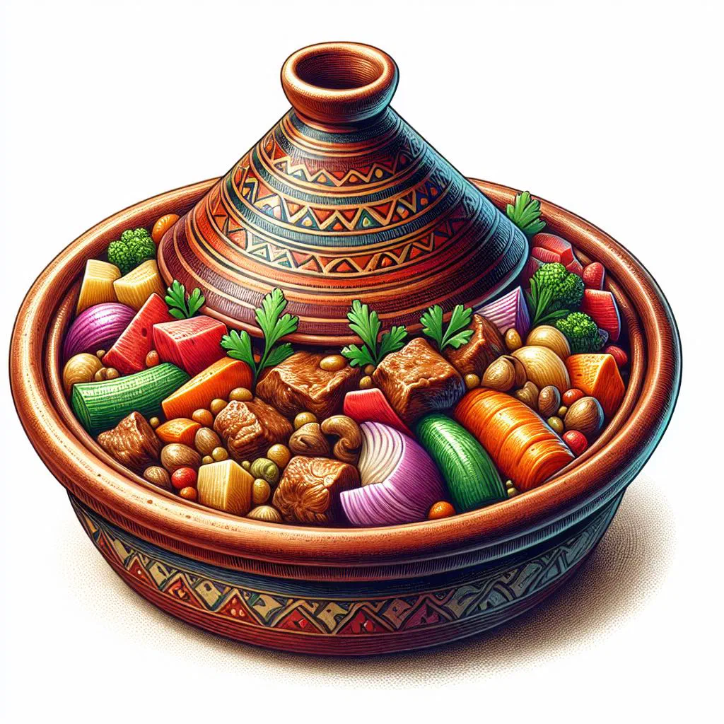 Libyan tajine of tender meat, vegetables and chickpeas garnished with fresh coriander