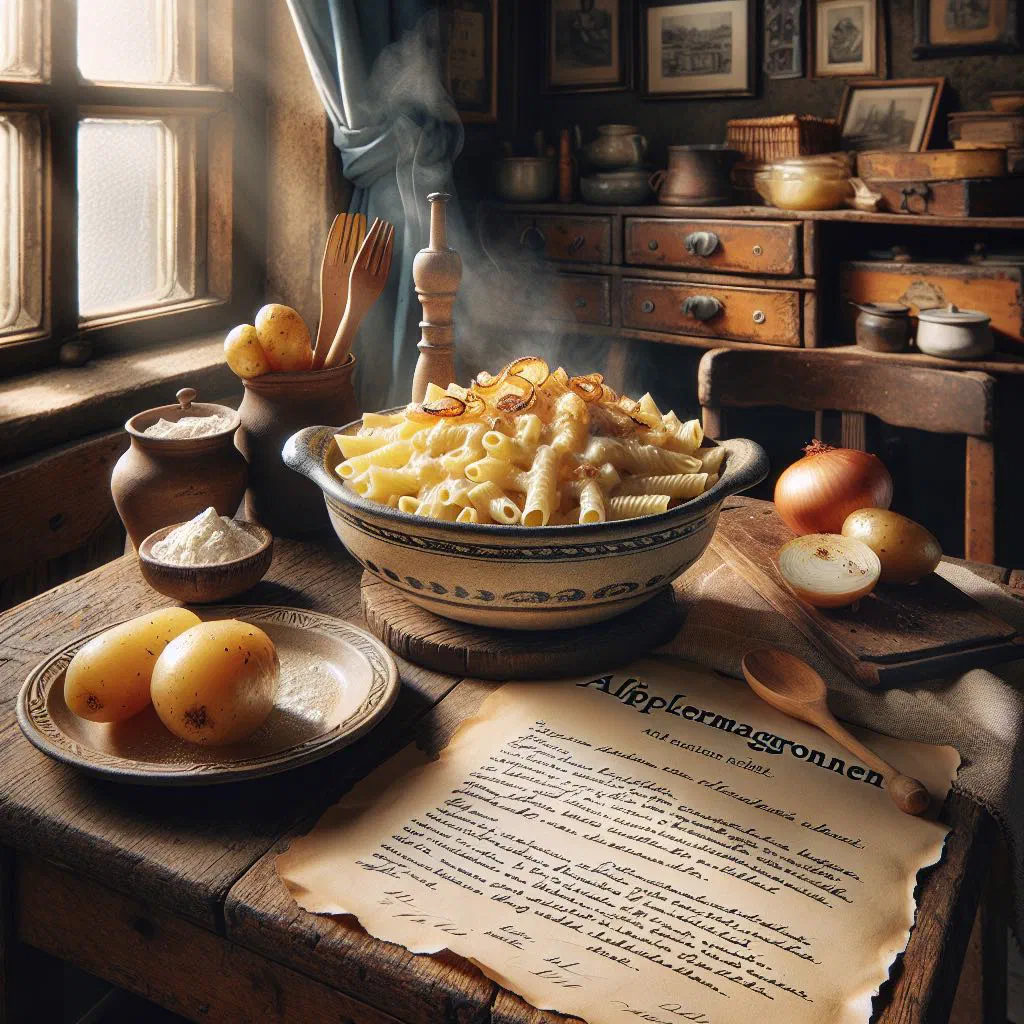 Creamy Älplermagronen with macaroni, potatoes and melted cheese, served with apple sauce