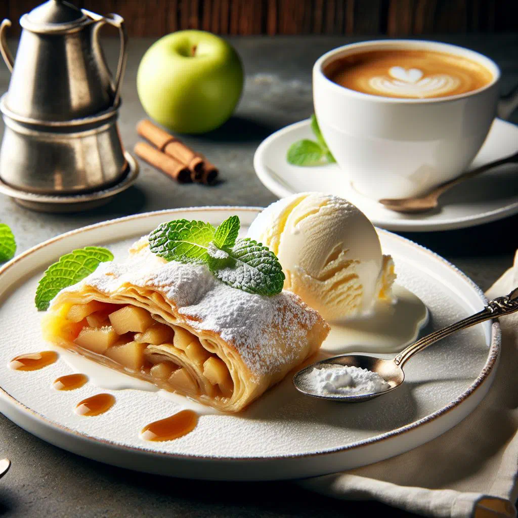 Golden apple strudel dusted with icing sugar, sliced to reveal spiced apple filling