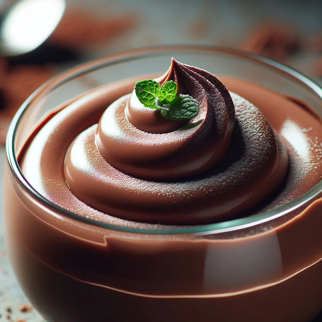 Chocolate mousse served in a glass, garnished with grated chocolate