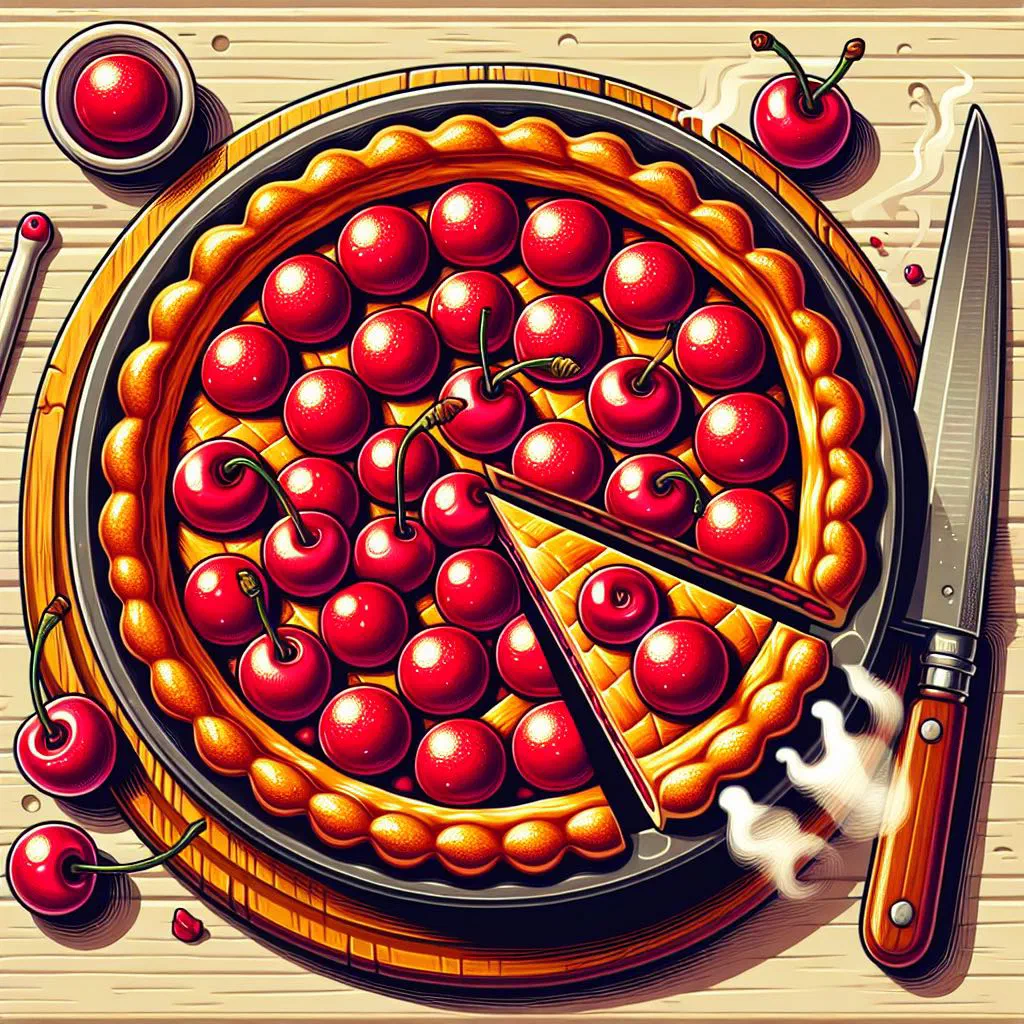 Golden cherry tart topped with juicy dark cherries on a serving plate