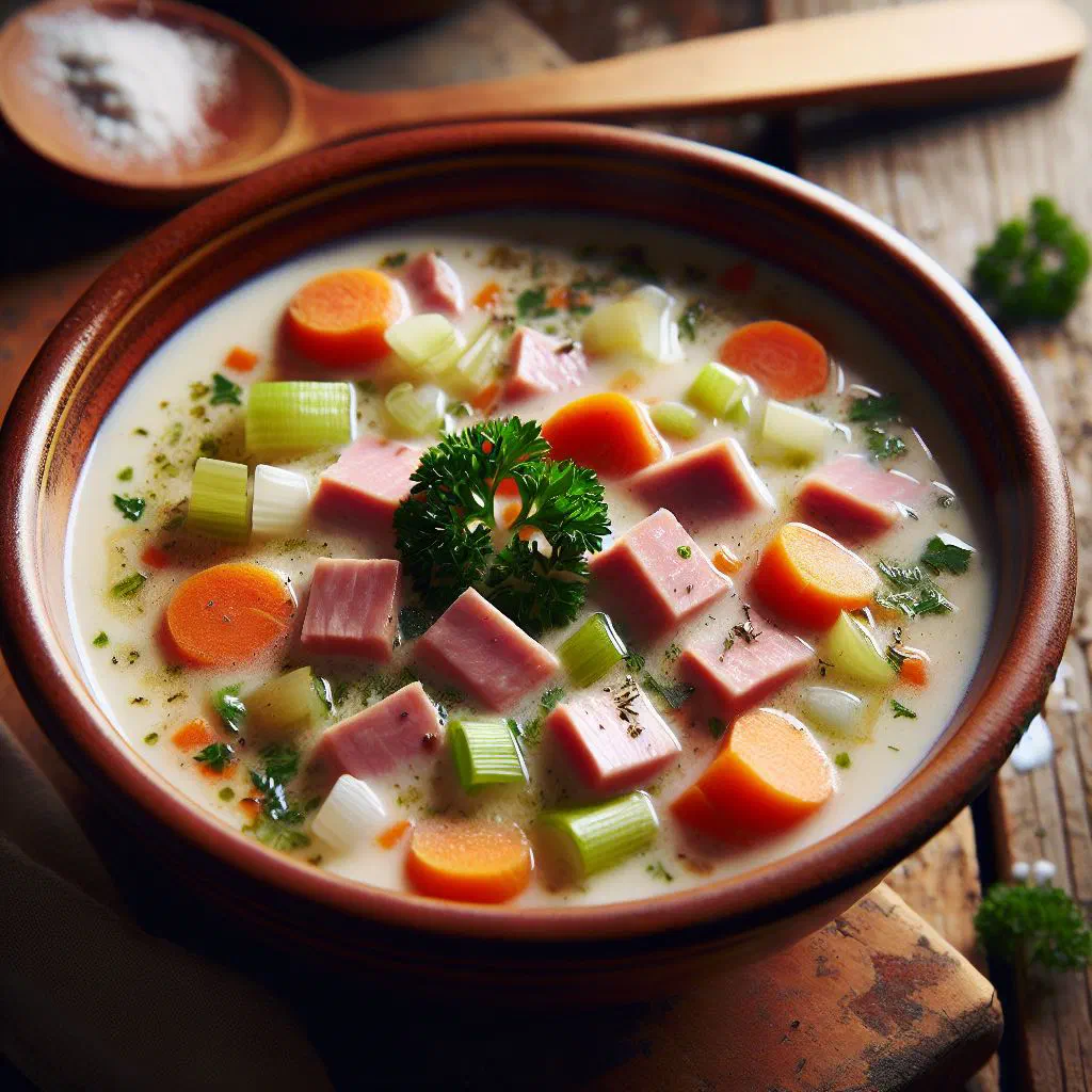 A bowl of creamy Liechtenstein cream soup garnished with fresh herbs