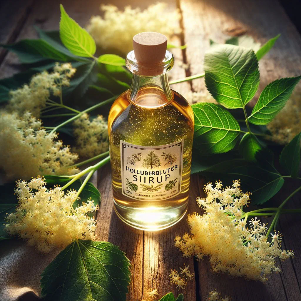 Bottle of golden elderflower cordial with fresh elderflowers and lemon slices