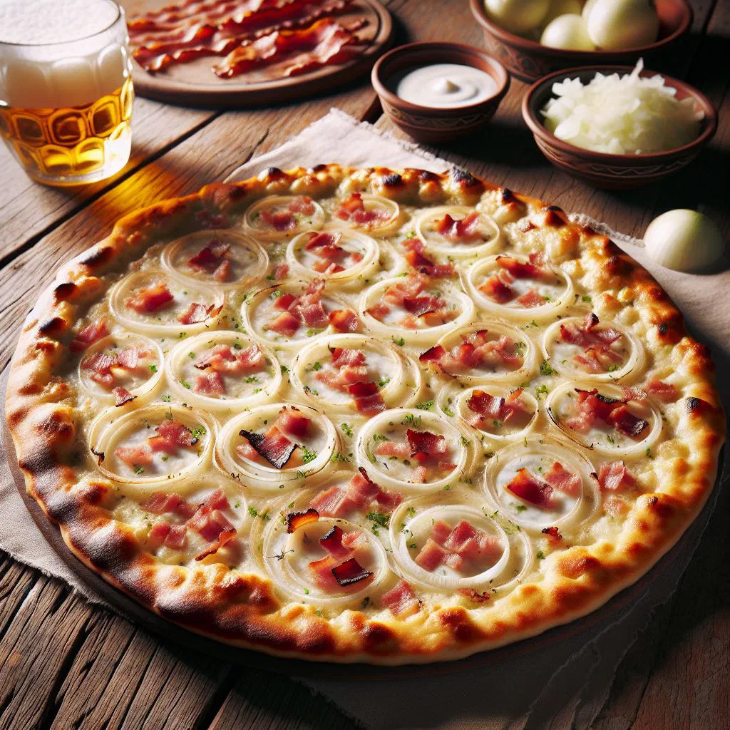 Crisp Flammkuchen topped with crème fraîche, onions and bacon