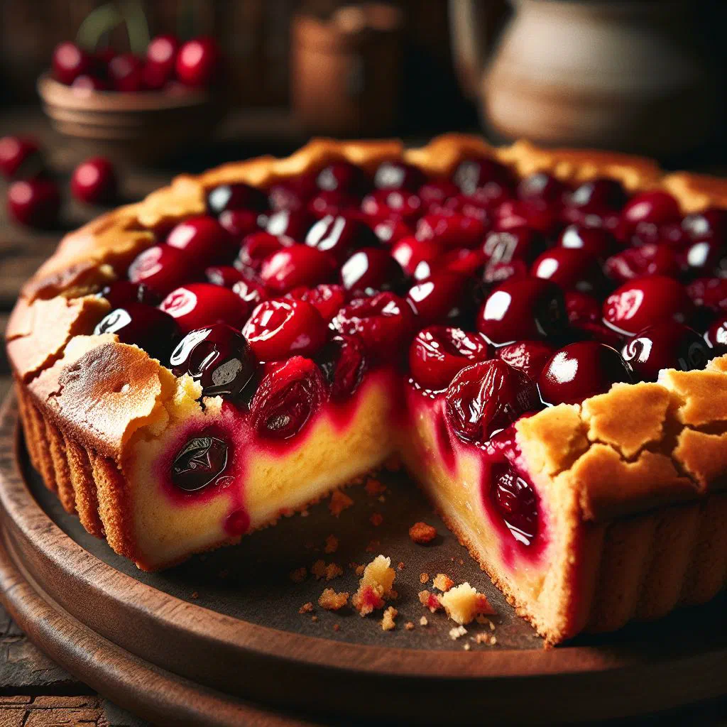 A slice of baked Kirschplotzer cherry pudding dusted with icing sugar
