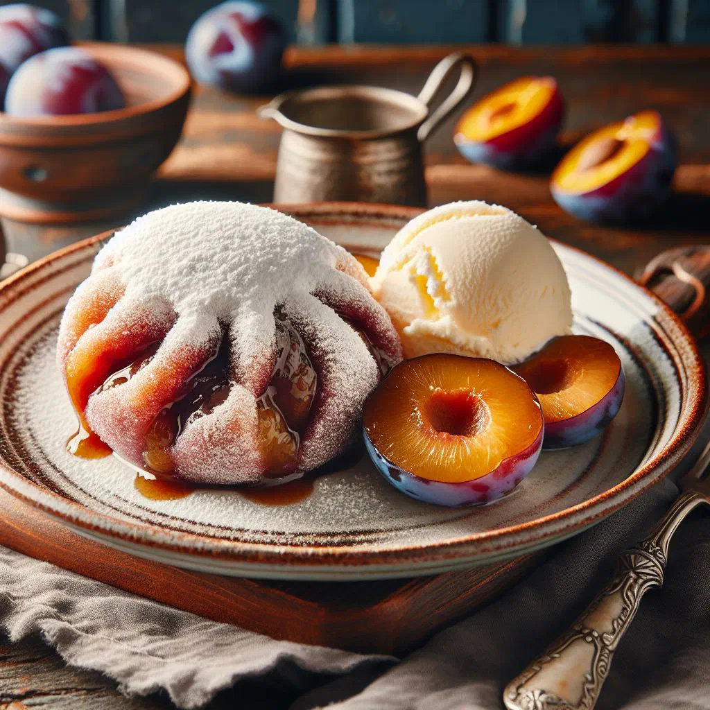 Plum dumplings coated in buttered breadcrumbs and dusted with icing sugar