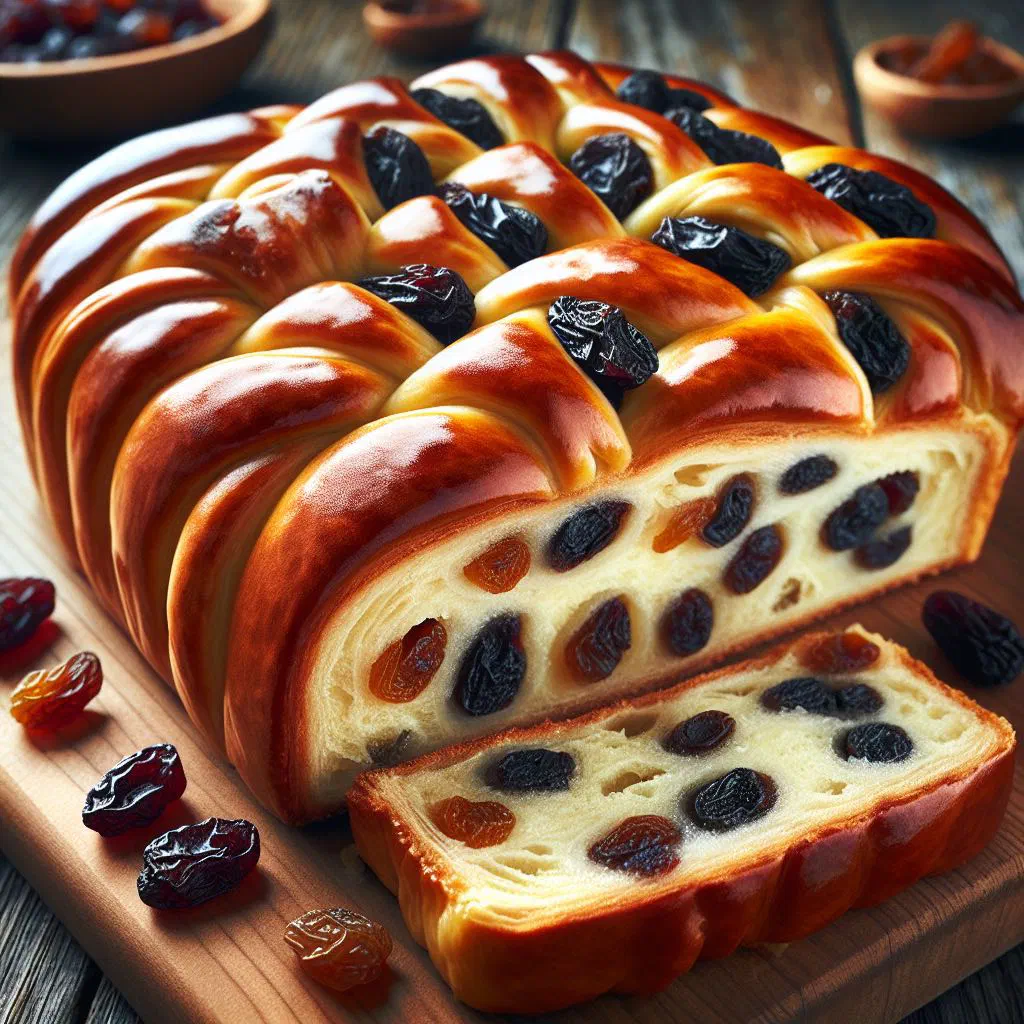 Golden raisin buns dusted with icing sugar on a rustic board