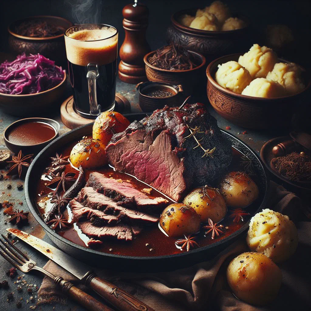 Sliced roast venison in a rich red wine sauce with herbs