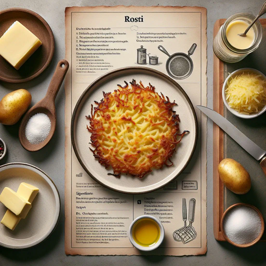 Golden, crispy rösti potato cake served on a rustic plate
