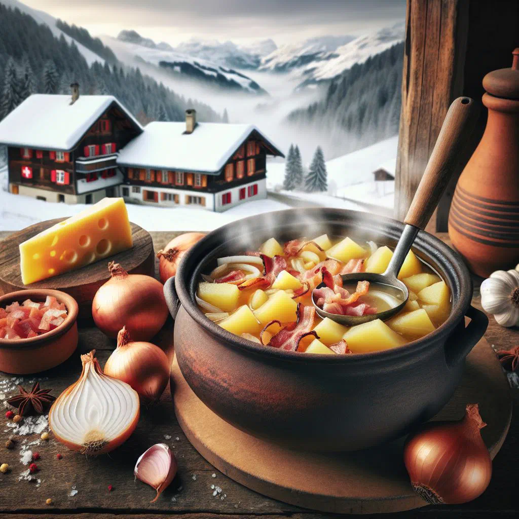 A bowl of creamy Sennensuppe cheese and potato soup topped with fresh herbs