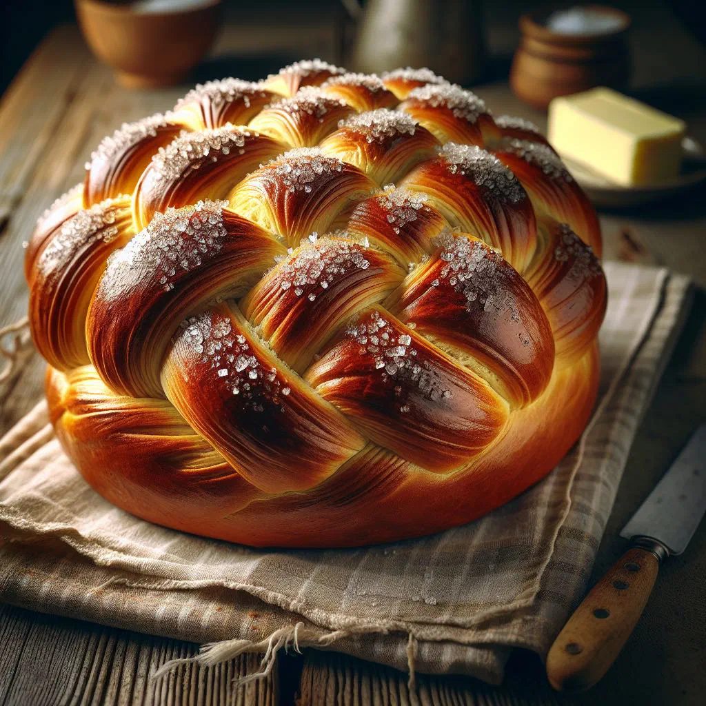 Golden braided sweet yeast bread dusted with sugar on a wooden board