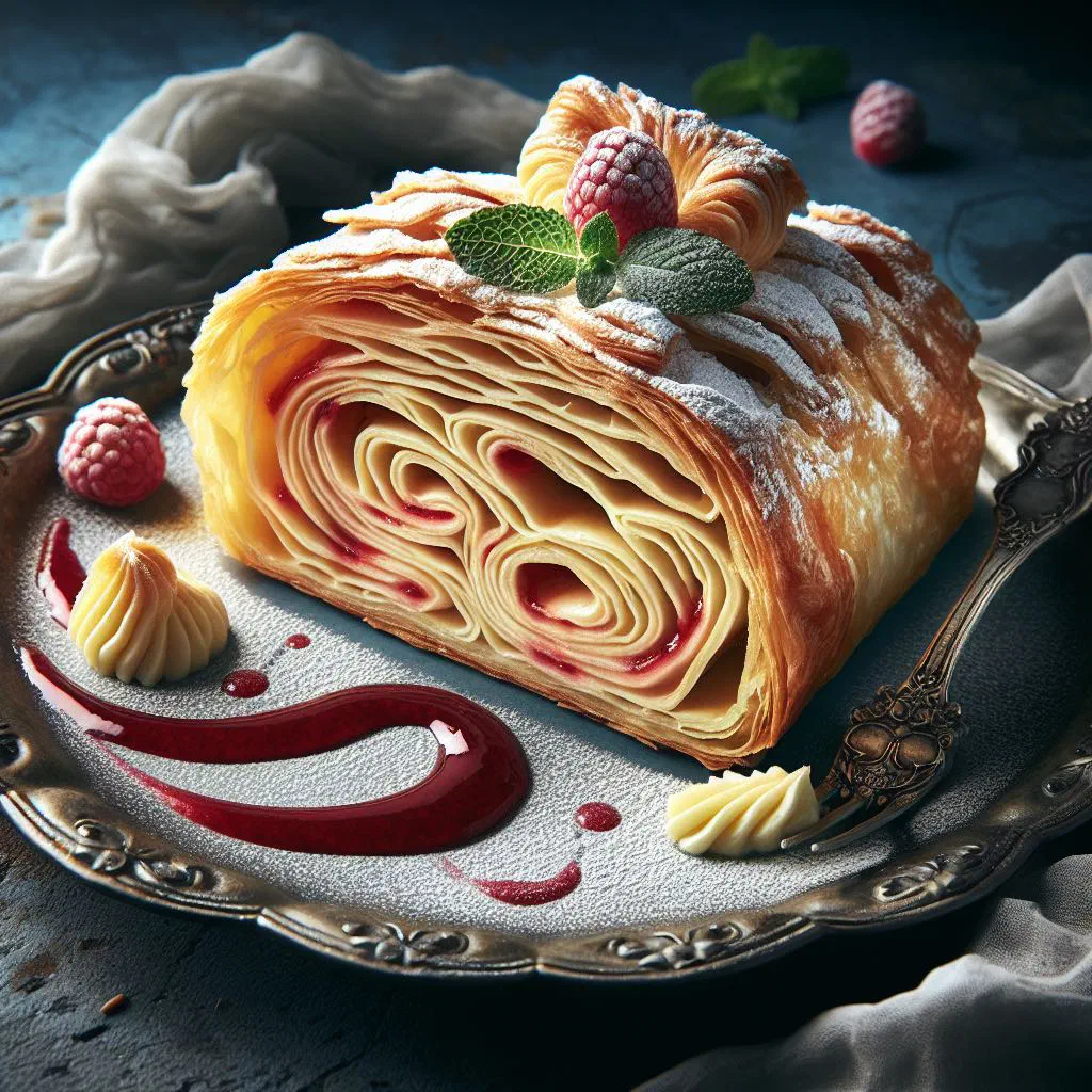 Slice of golden topfenstrudel dusted with icing sugar