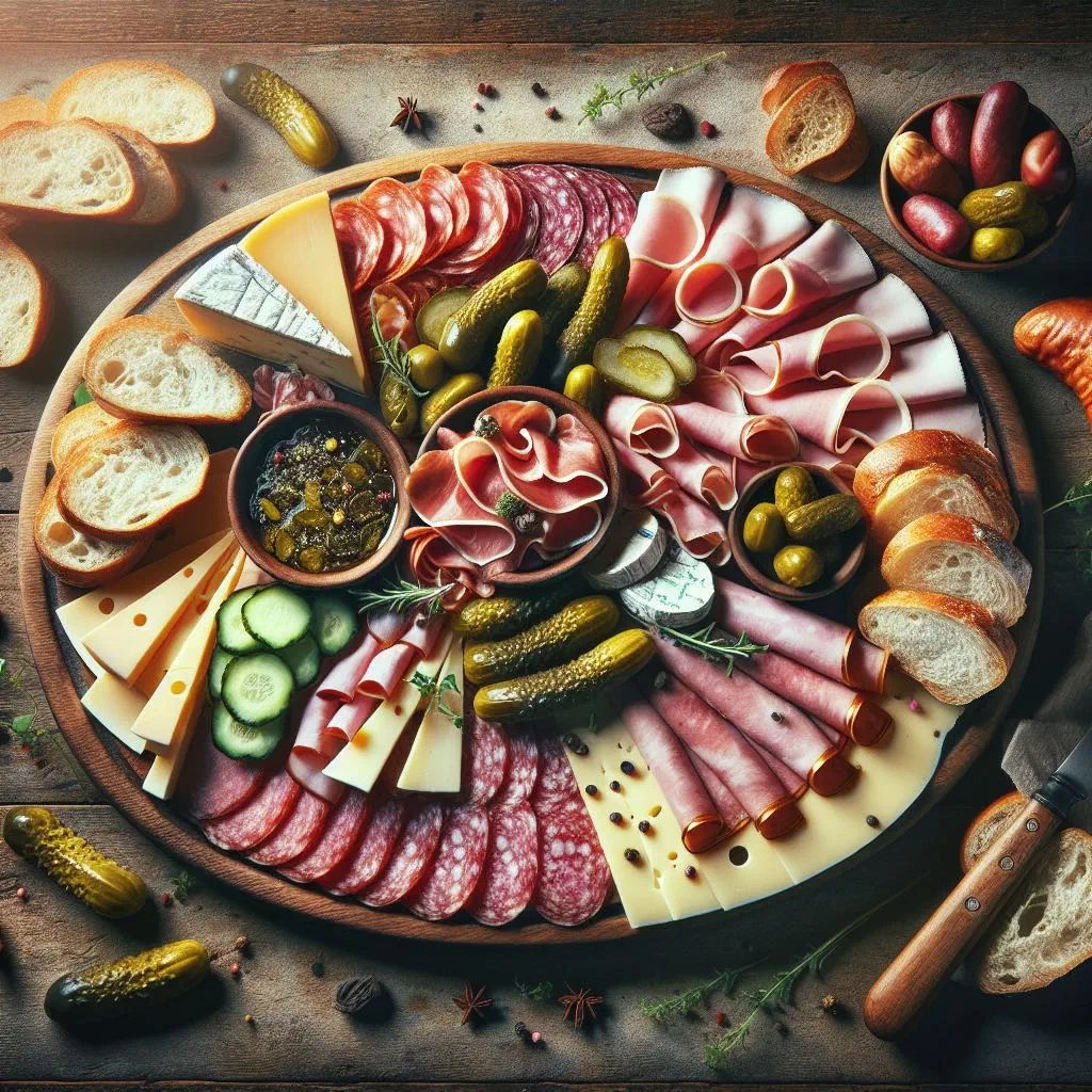 A rustic wooden board laid with regional cheese, cured meats, pickles, bread and fresh fruit