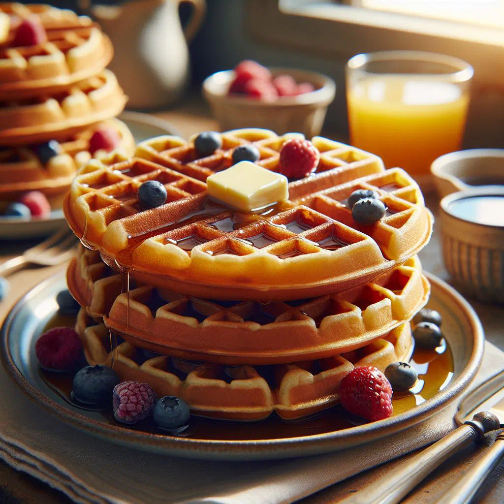 Golden Liechtenstein waffles topped with fresh fruit and cream