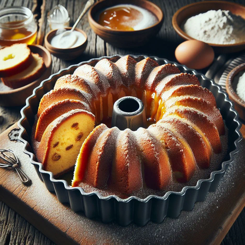 Golden yeast Gugelhopf dusted with icing sugar on a cake stand