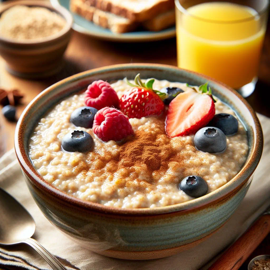 Bowl of Lithuanian oat porridge topped with fresh fruit and honey