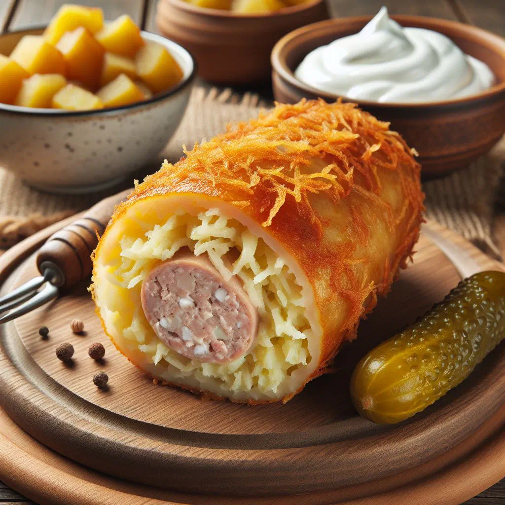Golden-fried Lithuanian potato sausage patties garnished with fresh herbs