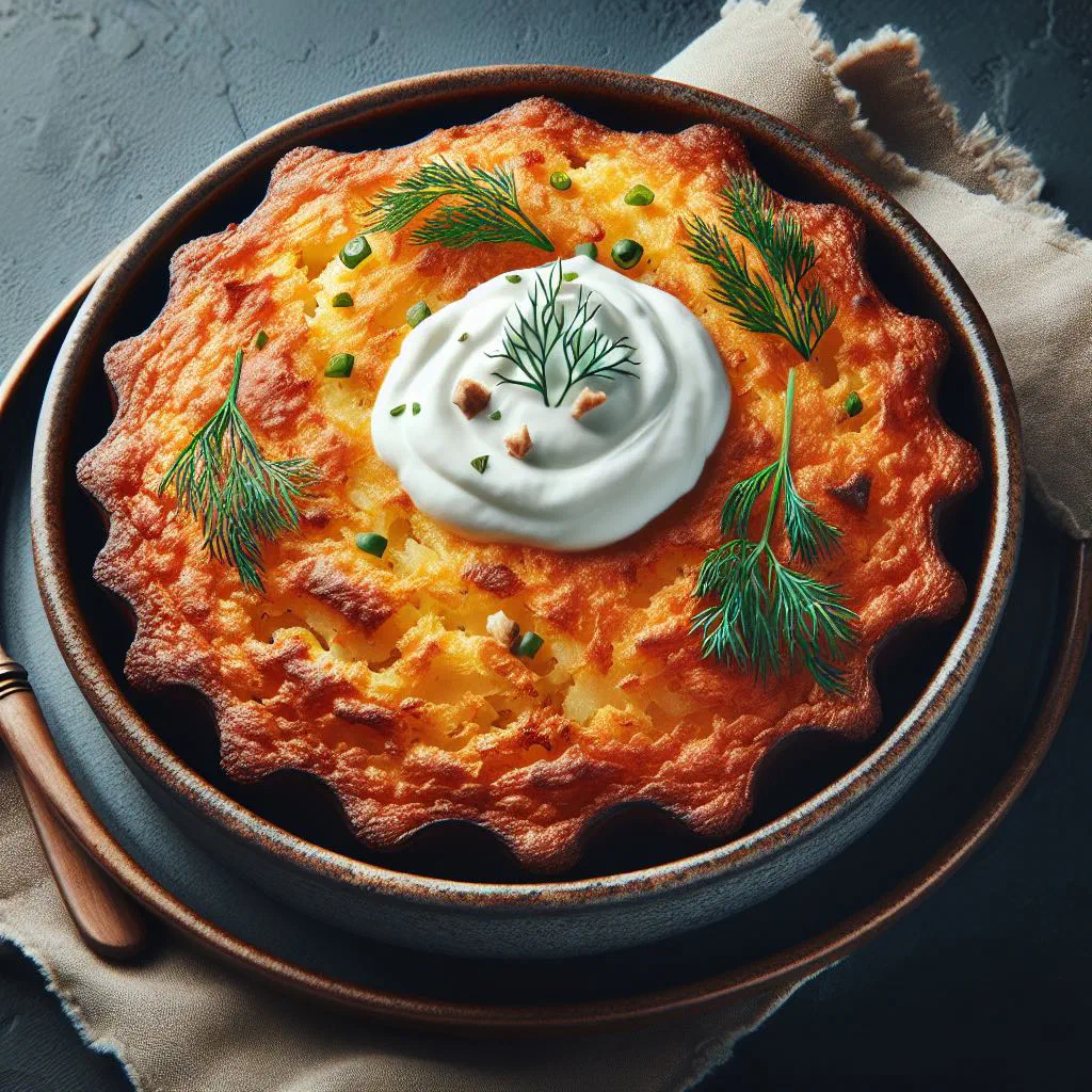 Golden baked Lithuanian potato cake sliced on a rustic board