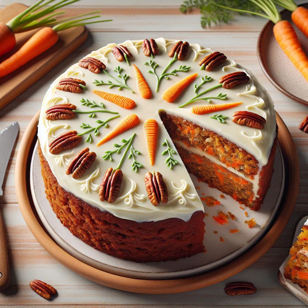 Slice of Lithuanian carrot cake dusted with icing sugar