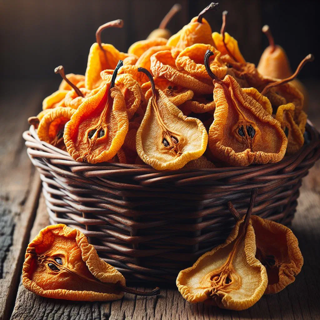 A bowl of golden dried pear slices dusted with cinnamon