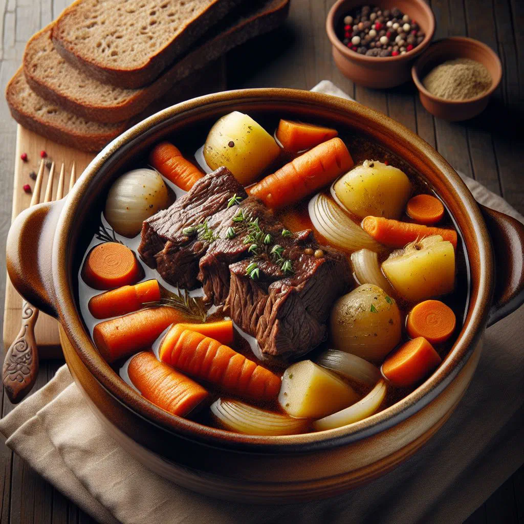 Hearty Lithuanian beef stew with potatoes and carrots in a bowl