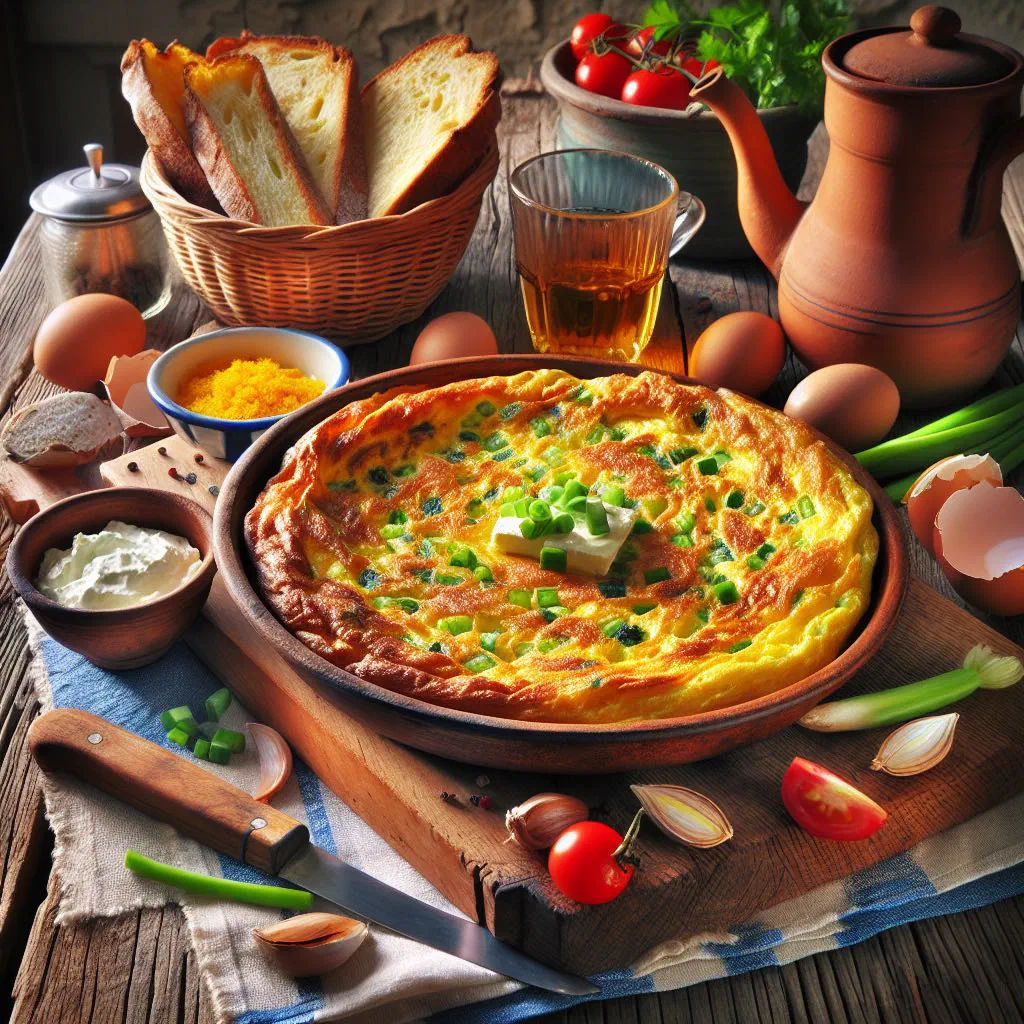 Rustic Lithuanian scrambled eggs with crisp potatoes and onions, topped with fresh herbs