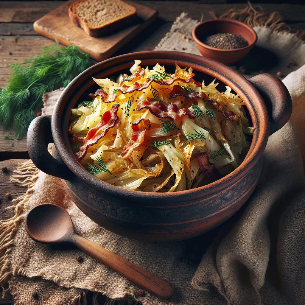 Bowl of braised Lithuanian sauerkraut stew garnished with fresh parsley