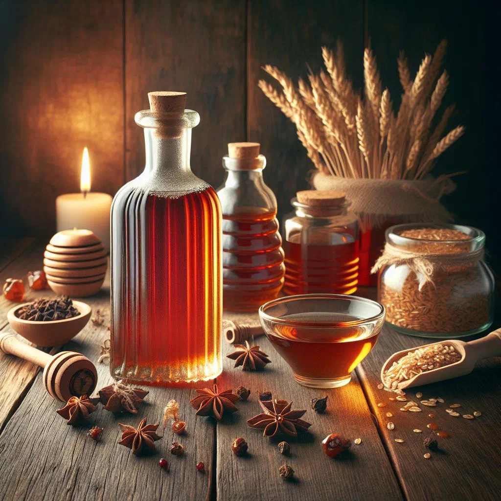 Glass of golden Krupnikas honey liqueur with a cinnamon stick and whole spices