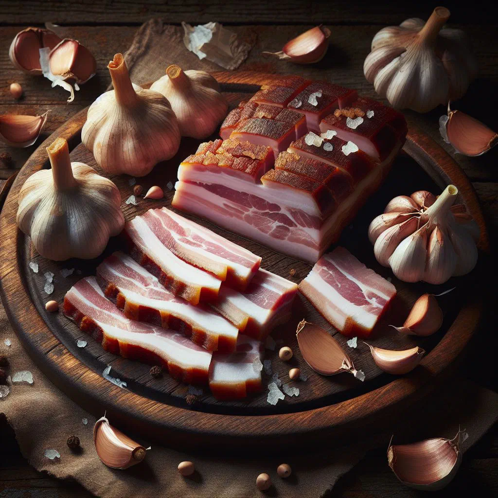 Crispy bacon pieces tossed with golden garlic in a rustic pan