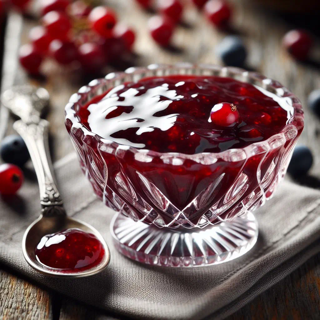 A small bowl of glossy red lingonberry sauce served alongside meat