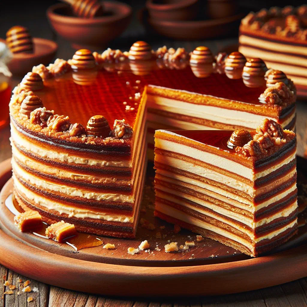 Slice of Lithuanian medaus pyragas honey cake dusted with icing sugar