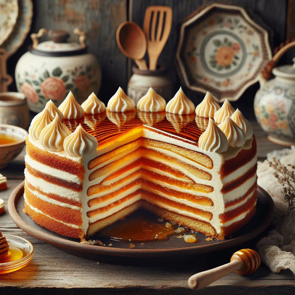 Sliced Lithuanian honey cake showing thin layers with creamy filling