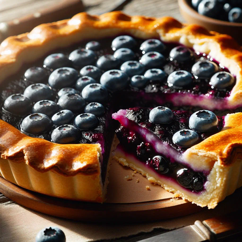 Golden Lithuanian blueberry cake dusted with icing sugar and fresh blueberries