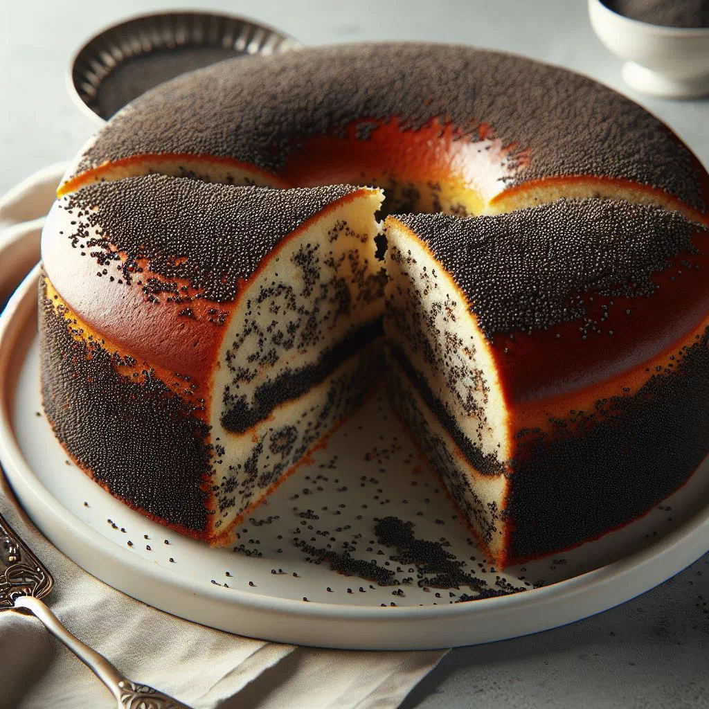 Slice of Lithuanian poppy seed cake dusted with icing sugar