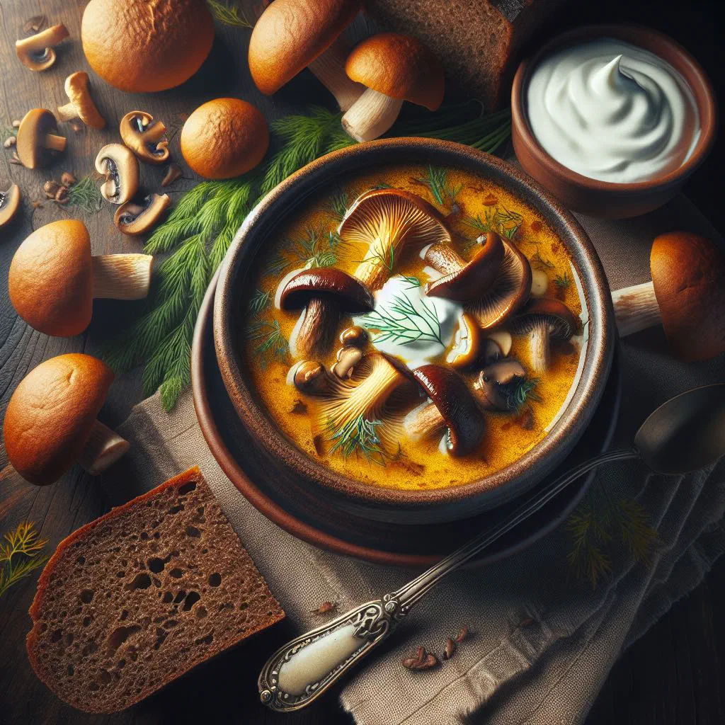Creamy Lithuanian porcini mushroom soup garnished with fresh herbs