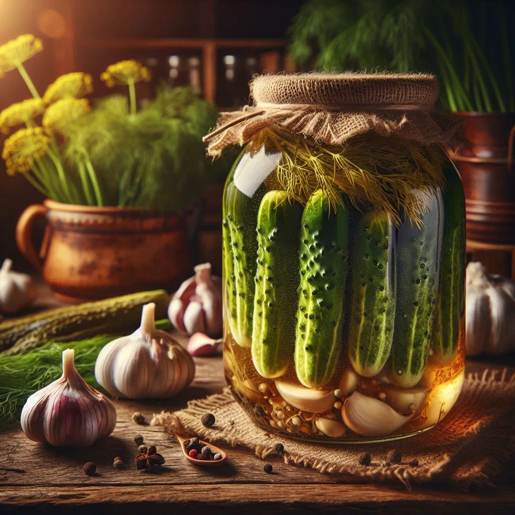 Fermented cucumbers in brine with dill and garlic in a glass jar