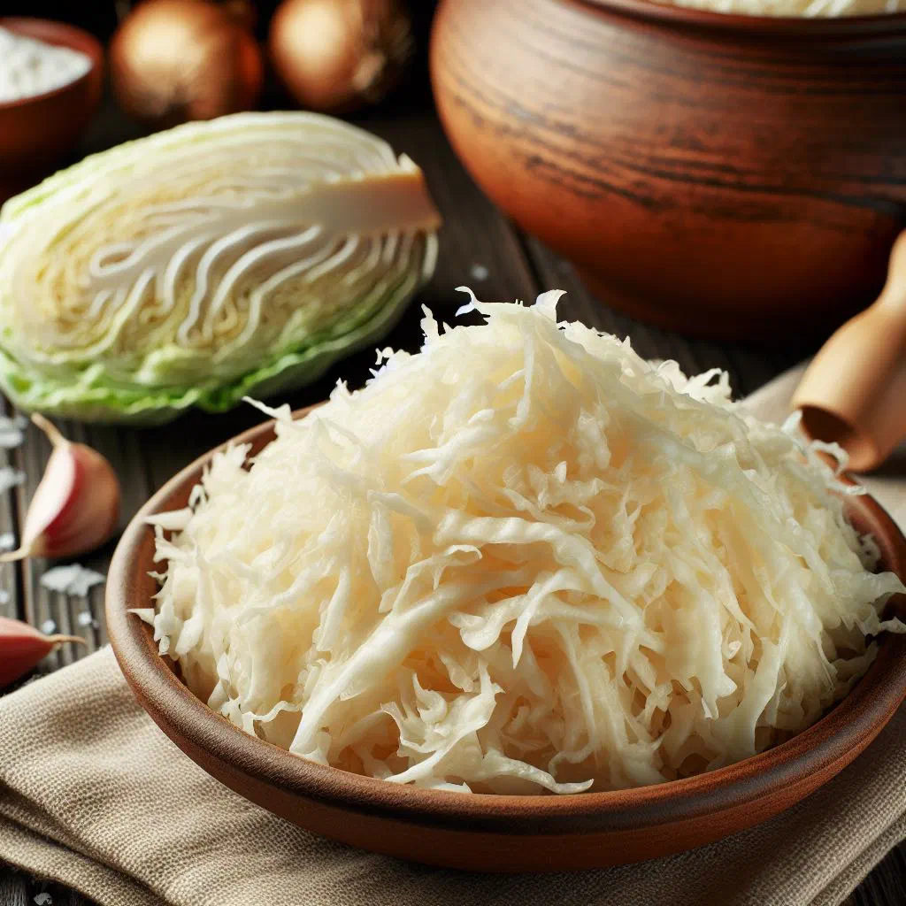 Braised fermented sauerkraut with onions and caraway in a rustic bowl