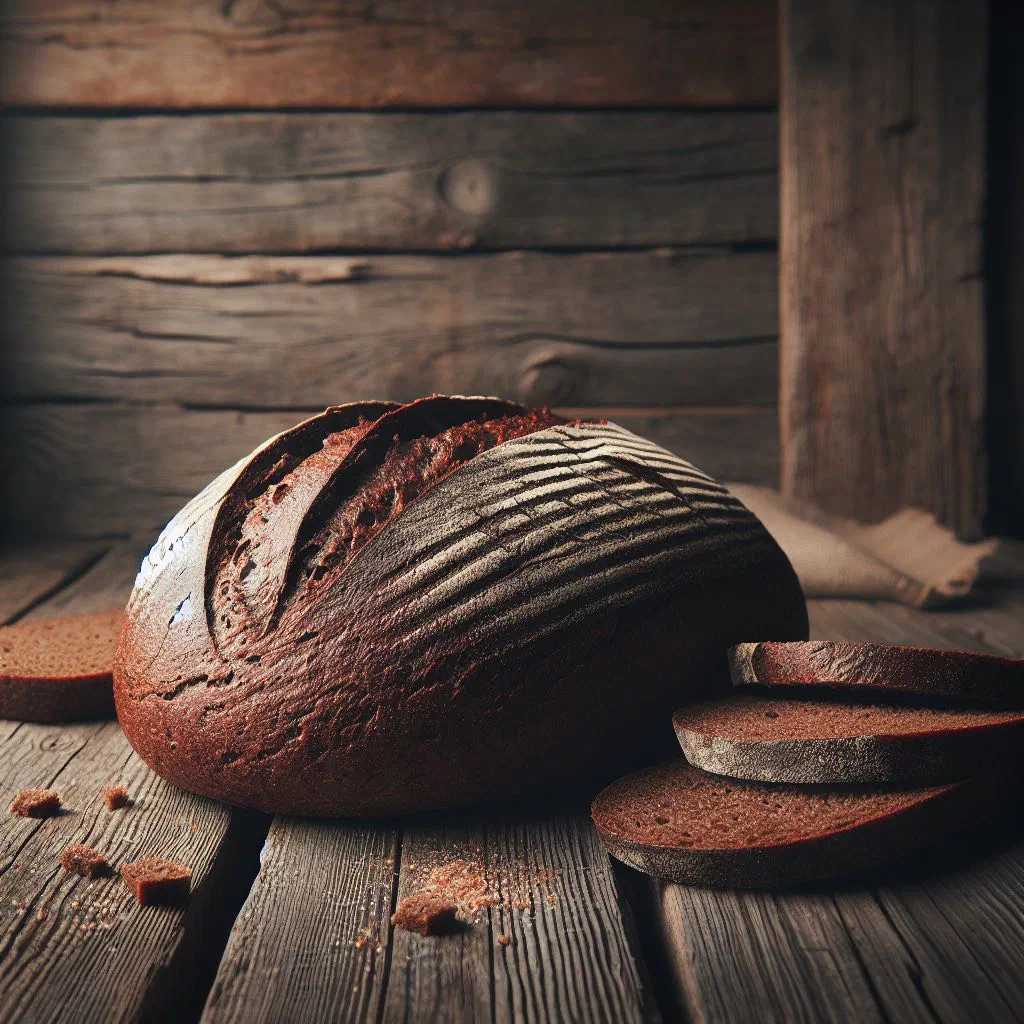Sliced loaf of dark Lithuanian rye bread on a wooden board