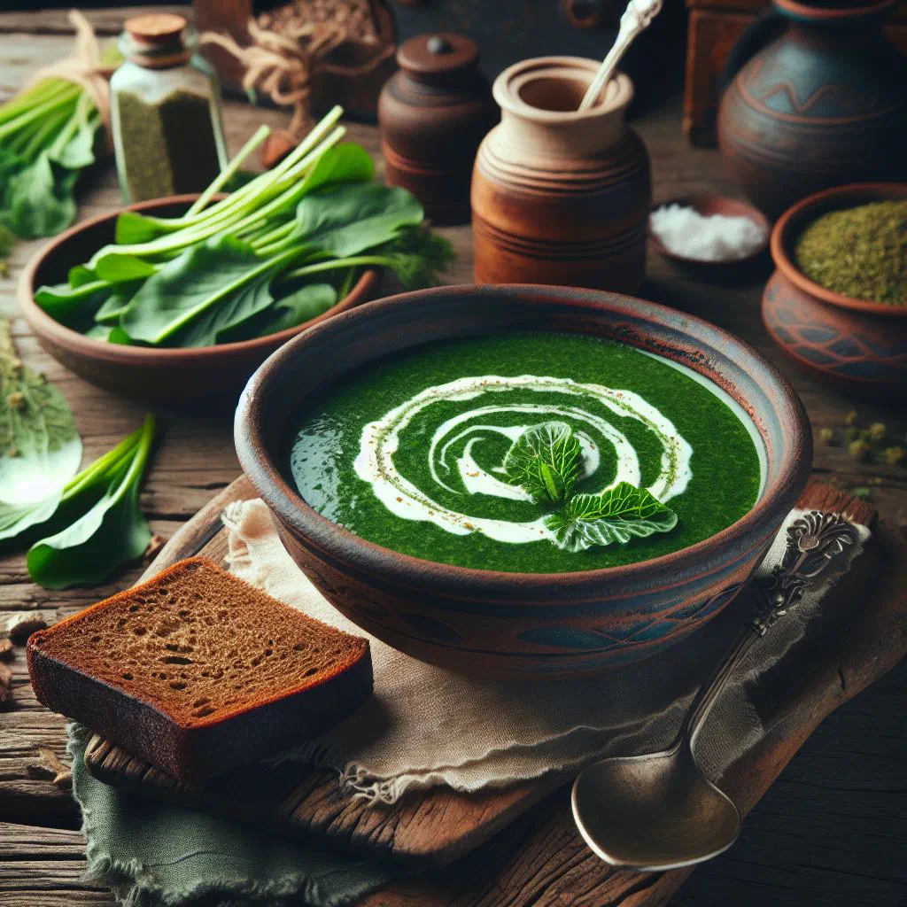 Bowl of Lithuanian sorrel soup garnished with fresh dill