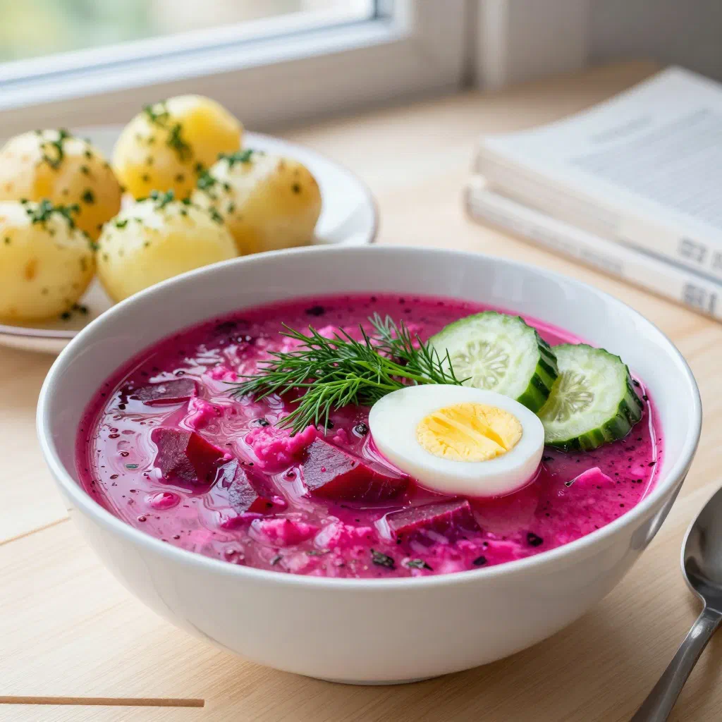 Bright pink cold beetroot soup garnished with dill and boiled egg