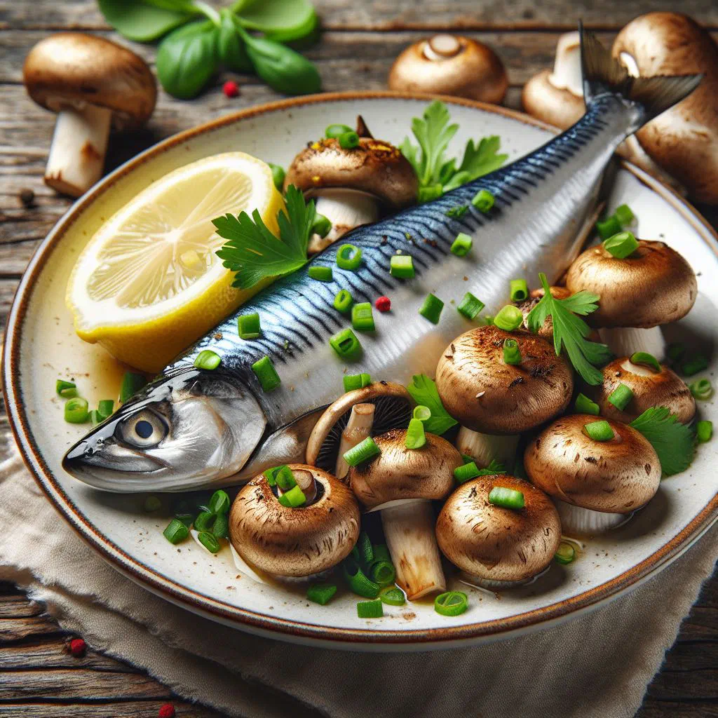 Herring fillets with sautéed mushrooms and onions garnished with fresh herbs