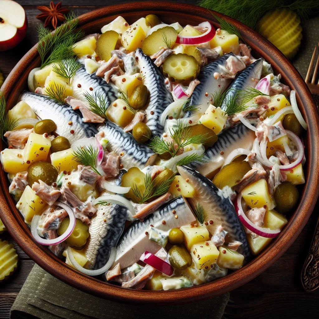 Lithuanian herring salad with potatoes, carrot and soured cream dressing, garnished with fresh herbs
