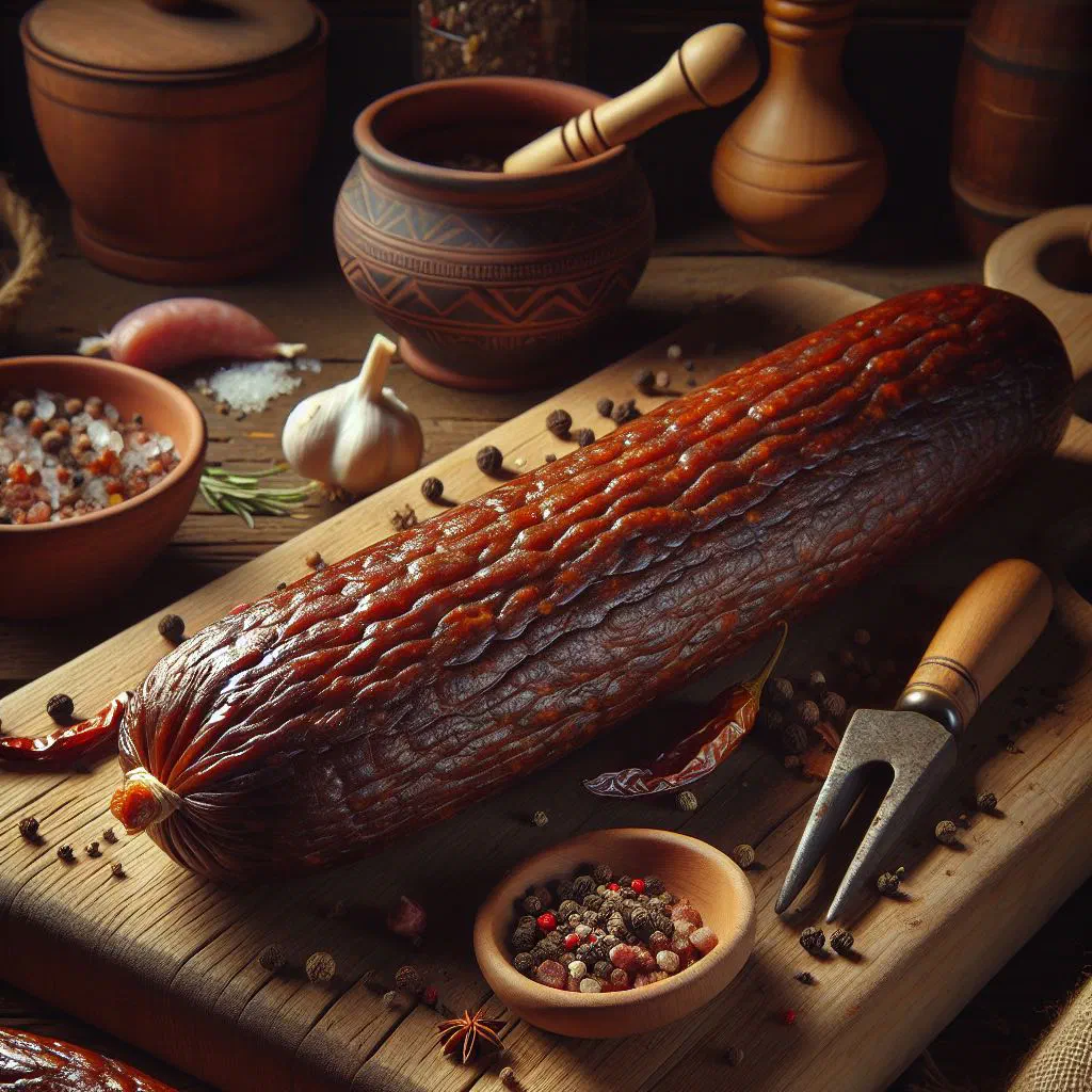 Sliced smoked Lithuanian skilandis sausage on a rustic wooden board