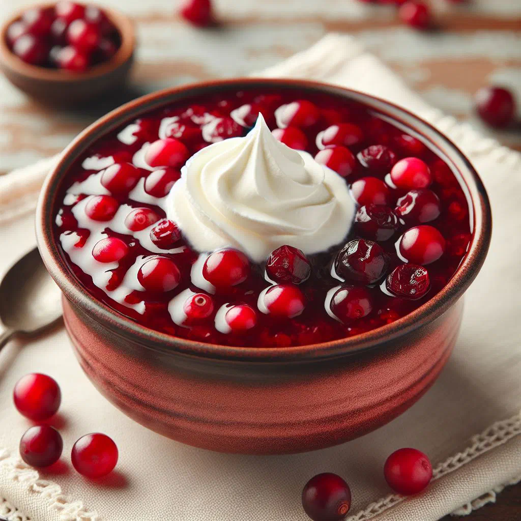 Bright red cranberry kissel in a glass, topped with mint leaves
