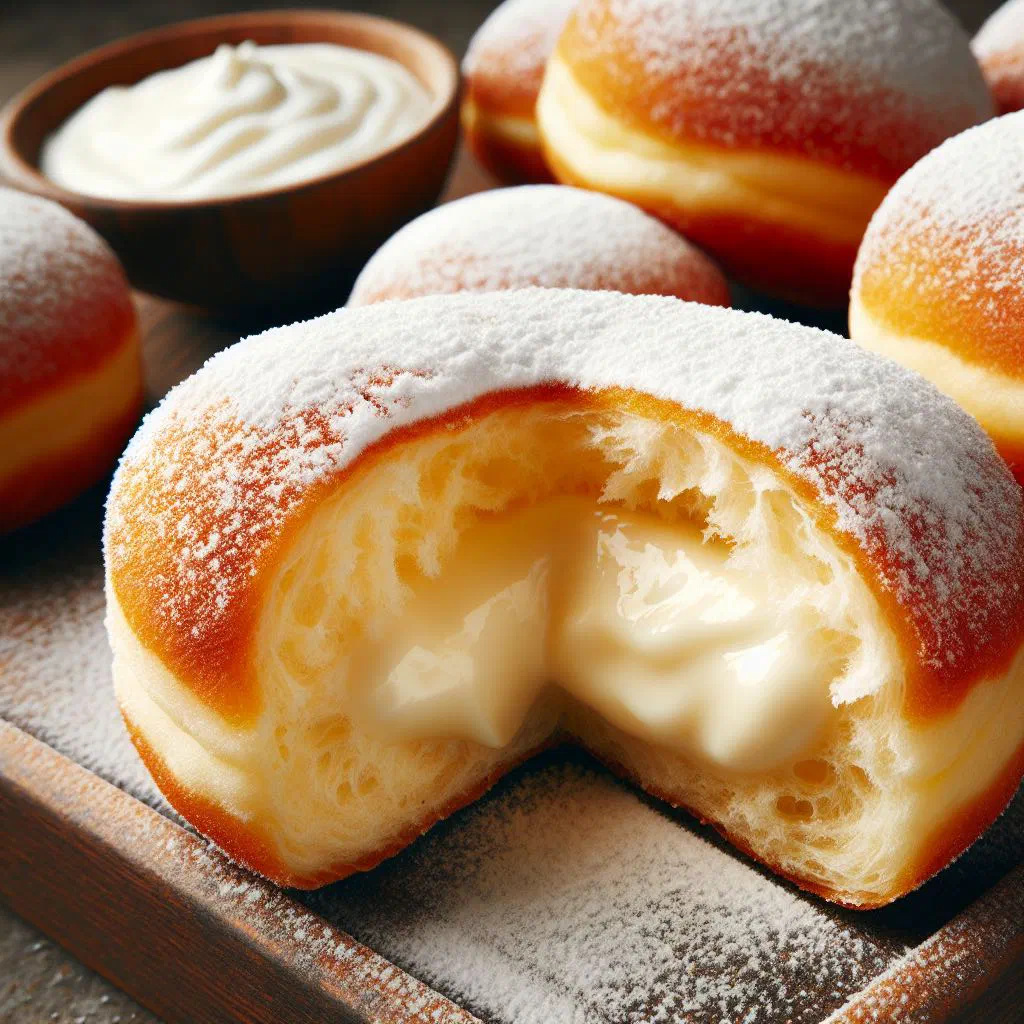 Golden Lithuanian curd doughnuts dusted with icing sugar