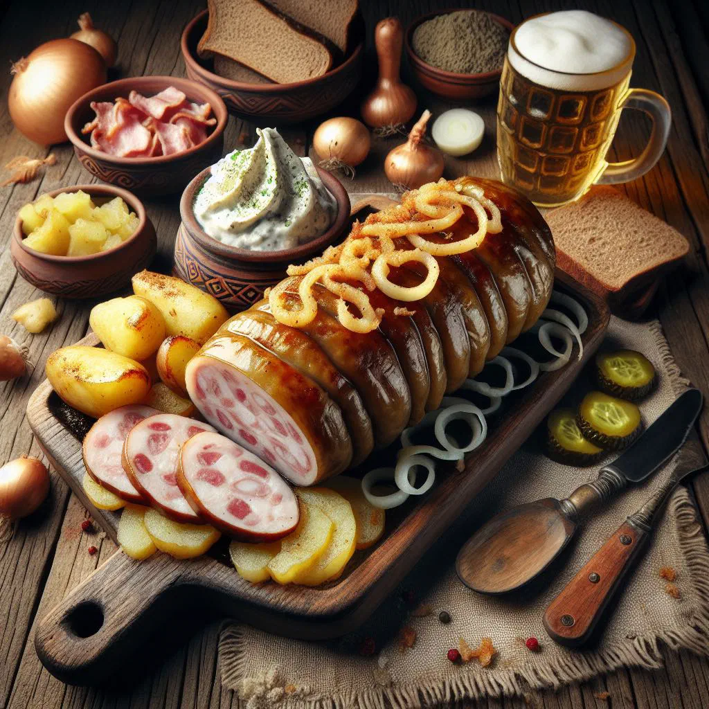 Golden roasted vėdarai potato sausages garnished with fresh herbs