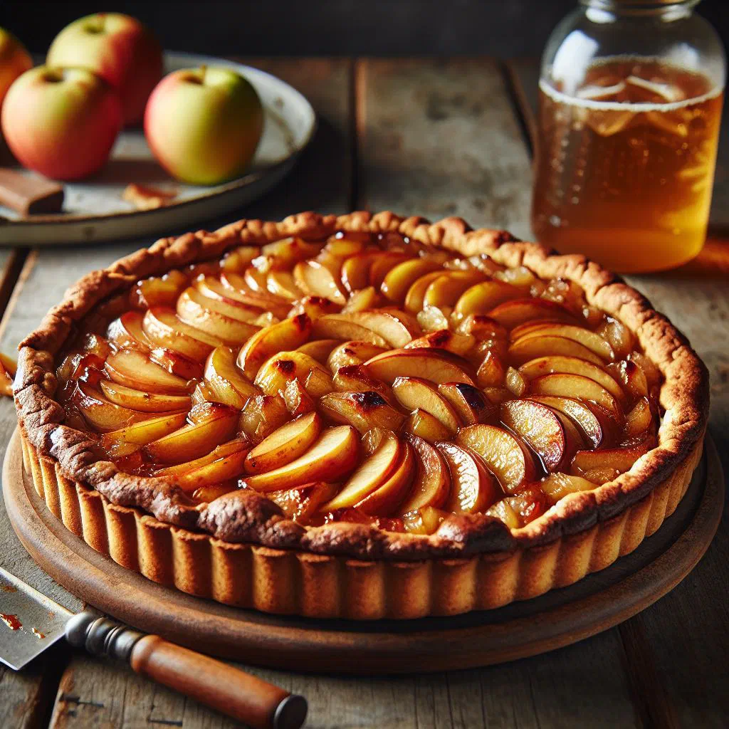Golden Luxembourgish apple tart dusted with icing sugar