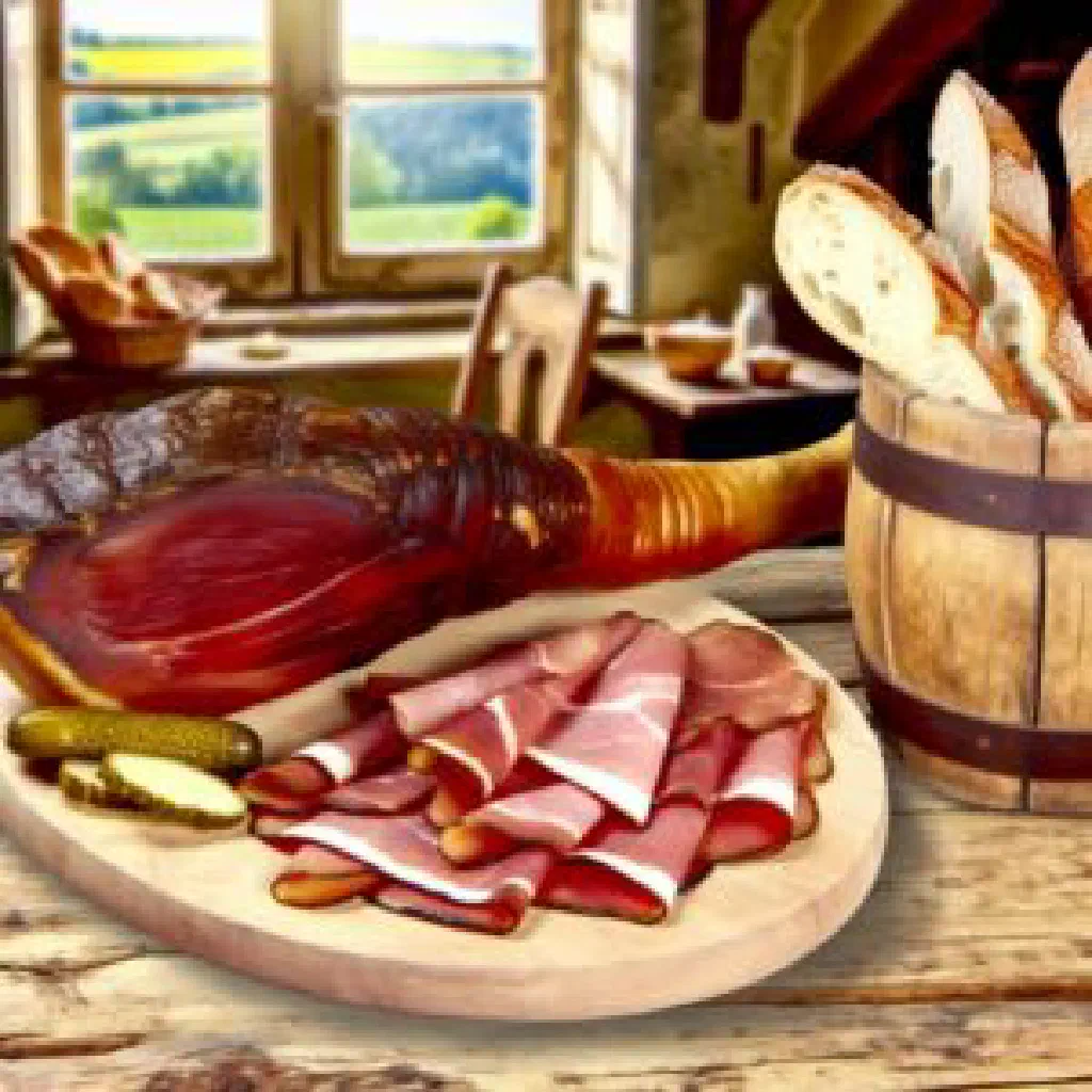 Thin slices of Ardennes ham on a wooden board with cheese, baguette and olives