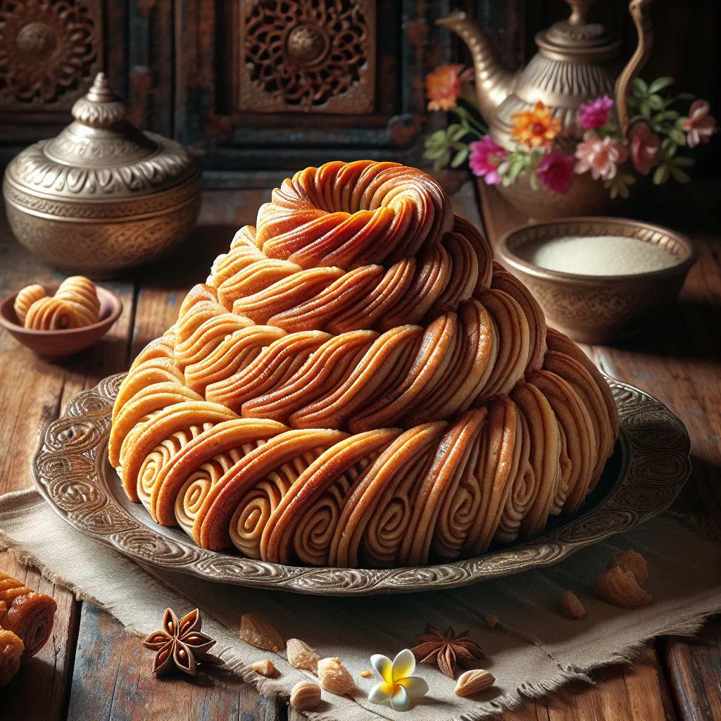Sliced Luxembourgish Bamkuch layer cake dusted with icing sugar