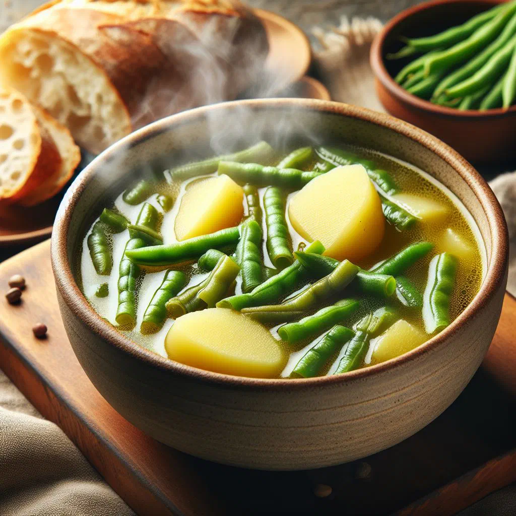 Bowl of Luxembourgish green bean and potato stew garnished with parsley
